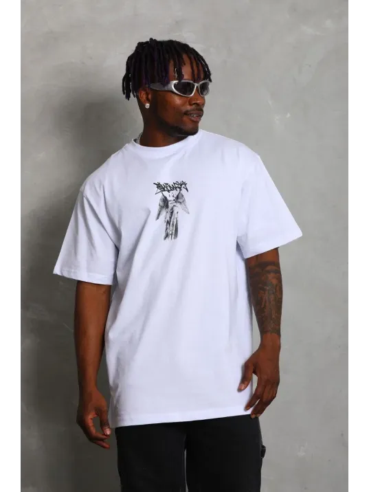 Unisex Oversize Baskılı Bisiklet Yaka T-Shirt - Beyaz Unisex Oversize Baskılı Bisiklet Yaka T-Shirt - Beyaz