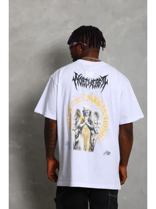 Unisex Oversize Baskılı Bisiklet Yaka T-Shirt - Beyaz Unisex Oversize Baskılı Bisiklet Yaka T-Shirt - Beyaz