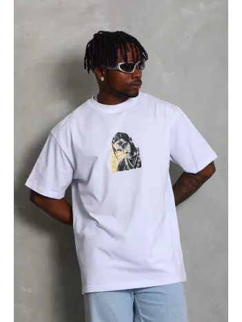 Unisex Oversize Baskılı Bisiklet Yaka T-Shirt - Beyaz Unisex Oversize Baskılı Bisiklet Yaka T-Shirt - Beyaz