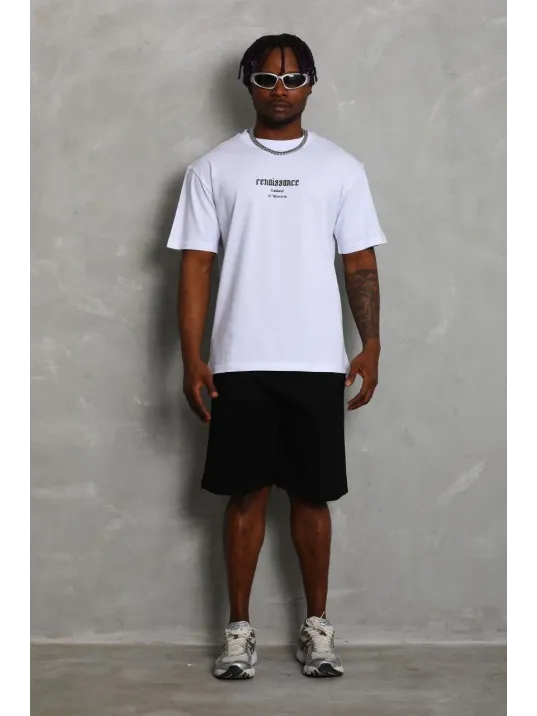 Unisex Oversize Baskılı Bisiklet Yaka T-Shirt - Beyaz Unisex Oversize Baskılı Bisiklet Yaka T-Shirt - Beyaz