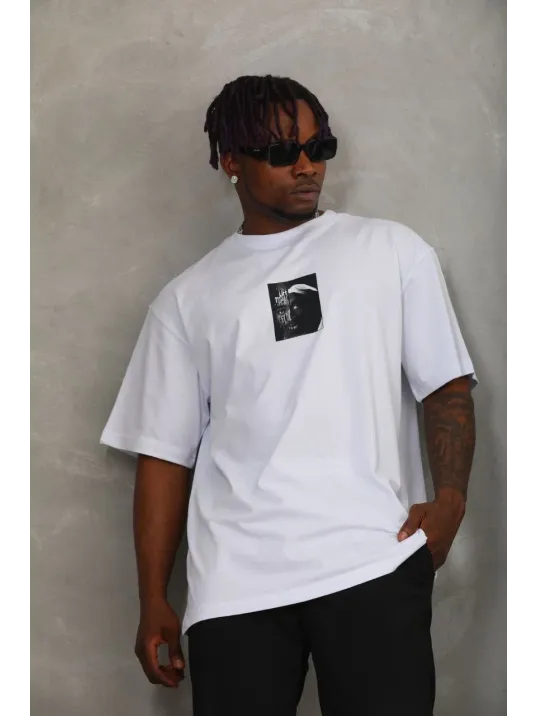 Unisex Oversize Baskılı Bisiklet Yaka T-Shirt - Beyaz Unisex Oversize Baskılı Bisiklet Yaka T-Shirt - Beyaz