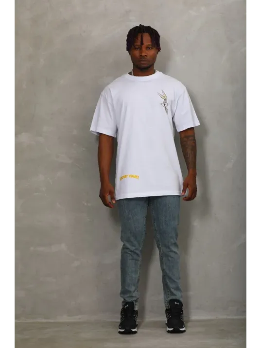 Unisex Oversize Baskılı Bisiklet Yaka T-Shirt - Beyaz Unisex Oversize Baskılı Bisiklet Yaka T-Shirt - Beyaz