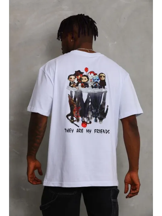 Unisex Oversize Baskılı Bisiklet Yaka T-Shirt - Beyaz