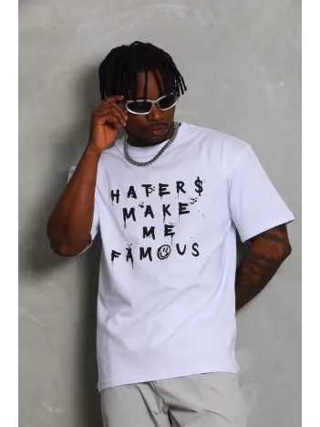 Unisex Oversize Baskılı Bisiklet Yaka T-Shirt - Beyaz Unisex Oversize Baskılı Bisiklet Yaka T-Shirt - Beyaz