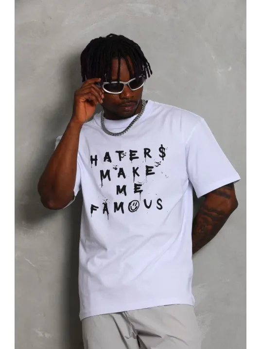 Unisex Oversize Baskılı Bisiklet Yaka T-Shirt - Beyaz Unisex Oversize Baskılı Bisiklet Yaka T-Shirt - Beyaz