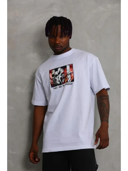 Unisex Oversize Baskılı Bisiklet Yaka T-Shirt - Beyaz