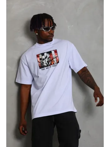 Unisex Oversize Baskılı Bisiklet Yaka T-Shirt - Beyaz Unisex Oversize Baskılı Bisiklet Yaka T-Shirt - Beyaz