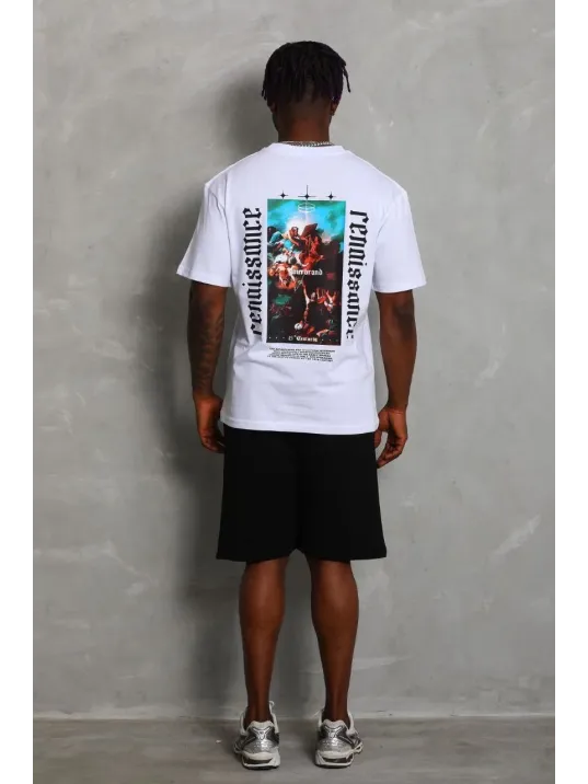 Unisex Oversize Baskılı Bisiklet Yaka T-Shirt - Beyaz Unisex Oversize Baskılı Bisiklet Yaka T-Shirt - Beyaz