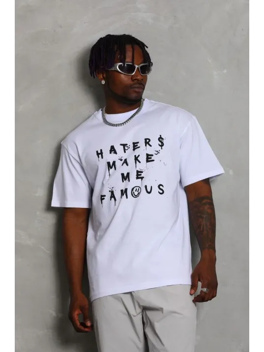 Unisex Oversize Baskılı Bisiklet Yaka T-Shirt - Beyaz Unisex Oversize Baskılı Bisiklet Yaka T-Shirt - Beyaz