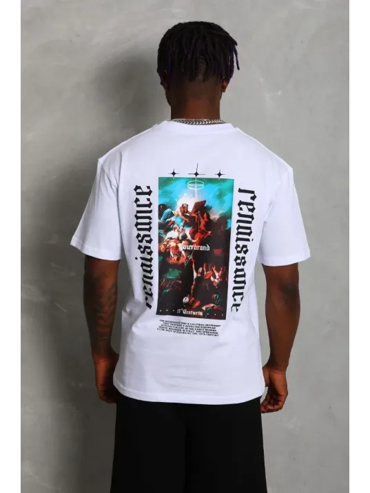 Unisex Oversize Baskılı Bisiklet Yaka T-Shirt - Beyaz Unisex Oversize Baskılı Bisiklet Yaka T-Shirt - Beyaz