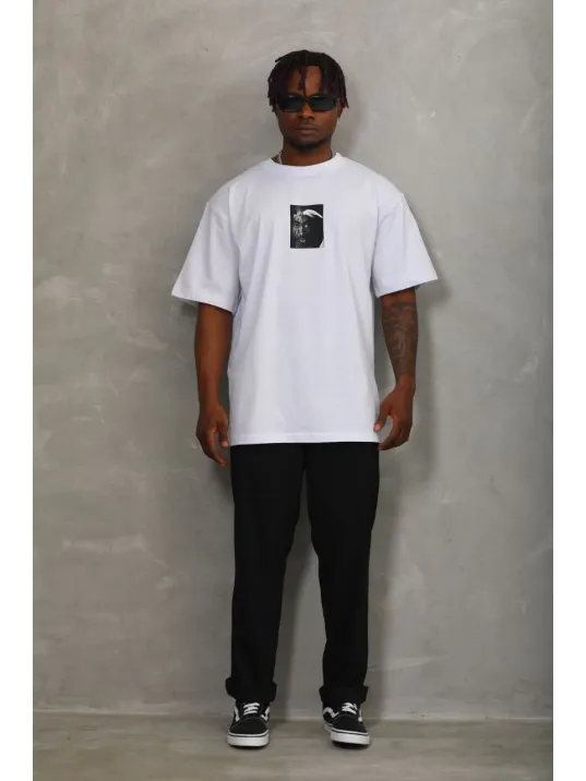 Unisex Oversize Baskılı Bisiklet Yaka T-Shirt - Beyaz Unisex Oversize Baskılı Bisiklet Yaka T-Shirt - Beyaz