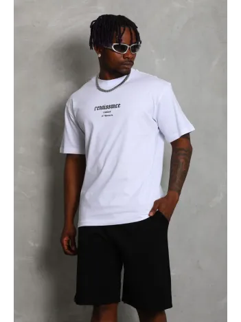 Unisex Oversize Baskılı Bisiklet Yaka T-Shirt - Beyaz Unisex Oversize Baskılı Bisiklet Yaka T-Shirt - Beyaz