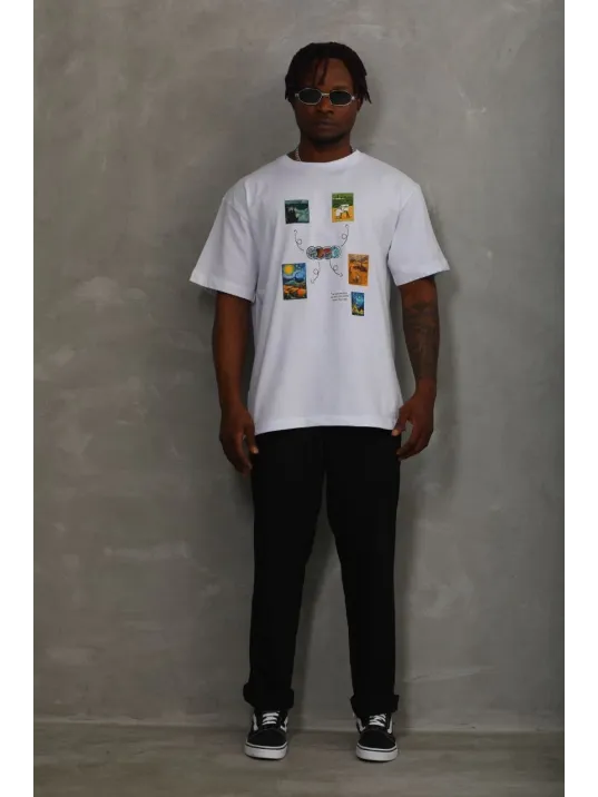 Unisex Oversize Baskılı Bisiklet Yaka T-Shirt - Beyaz Unisex Oversize Baskılı Bisiklet Yaka T-Shirt - Beyaz