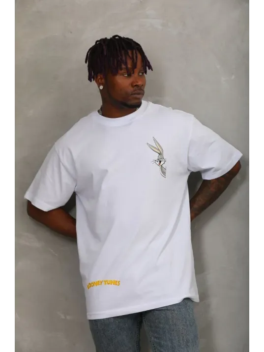 Unisex Oversize Baskılı Bisiklet Yaka T-Shirt - Beyaz Unisex Oversize Baskılı Bisiklet Yaka T-Shirt - Beyaz