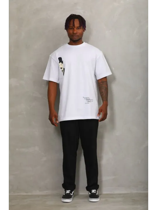 Unisex Oversize Baskılı Bisiklet Yaka T-Shirt - Beyaz Unisex Oversize Baskılı Bisiklet Yaka T-Shirt - Beyaz