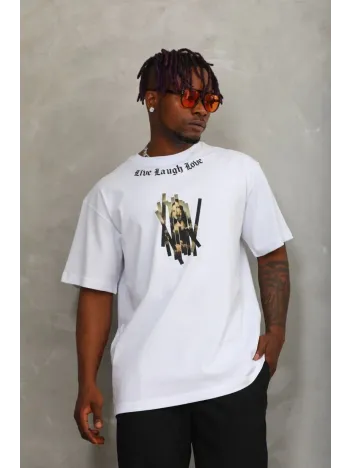 Unisex Oversize Baskılı Bisiklet Yaka T-Shirt - Beyaz Unisex Oversize Baskılı Bisiklet Yaka T-Shirt - Beyaz