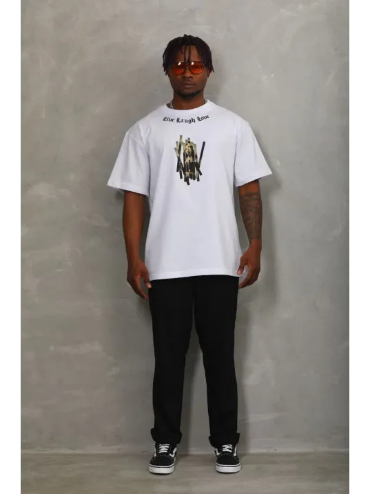 Unisex Oversize Baskılı Bisiklet Yaka T-Shirt - Beyaz Unisex Oversize Baskılı Bisiklet Yaka T-Shirt - Beyaz