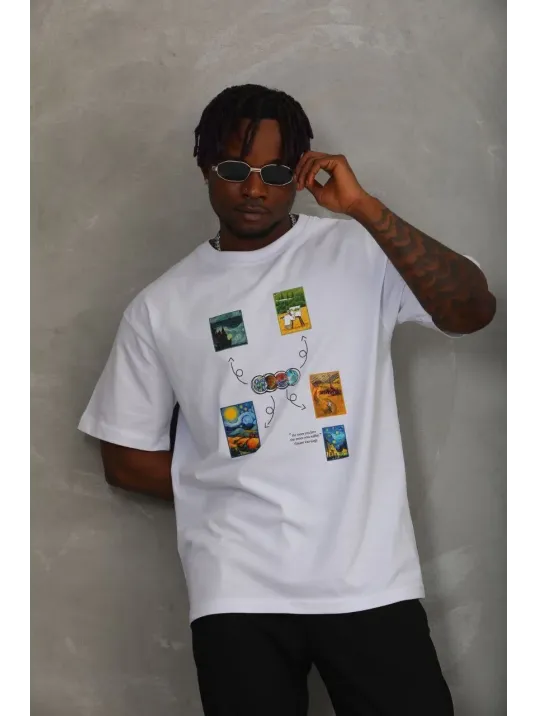 Unisex Oversize Baskılı Bisiklet Yaka T-Shirt - Beyaz Unisex Oversize Baskılı Bisiklet Yaka T-Shirt - Beyaz
