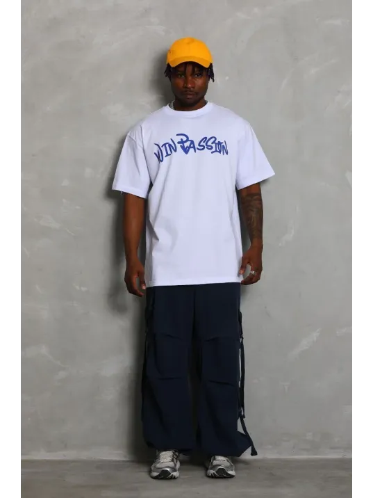 Unisex Oversize Baskılı Bisiklet Yaka T-Shirt - Beyaz Unisex Oversize Baskılı Bisiklet Yaka T-Shirt - Beyaz