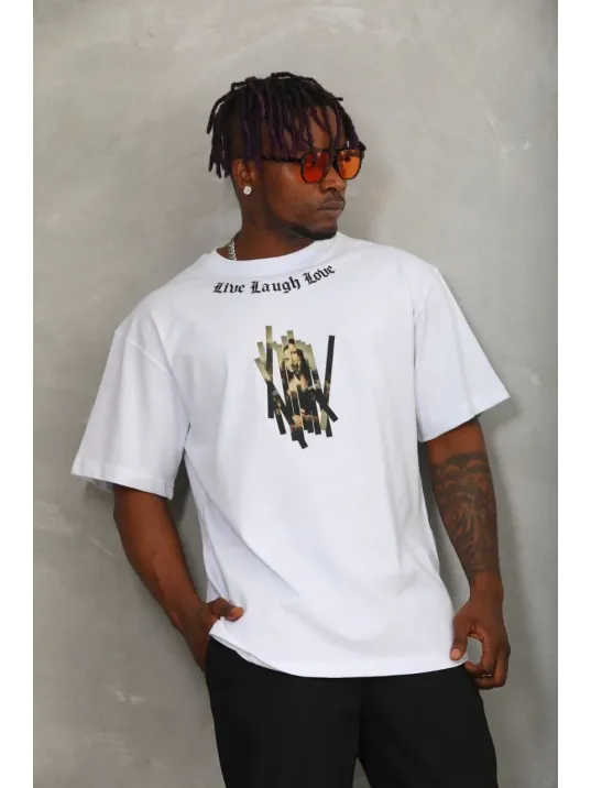 Unisex Oversize Baskılı Bisiklet Yaka T-Shirt - Beyaz Unisex Oversize Baskılı Bisiklet Yaka T-Shirt - Beyaz