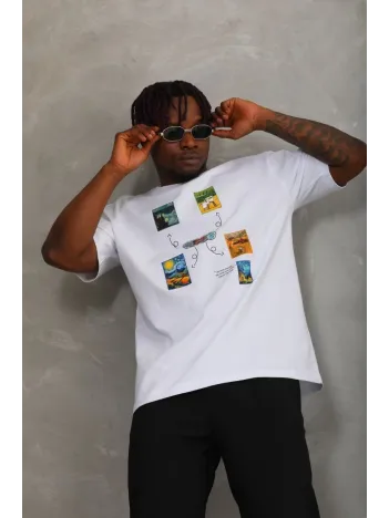 Unisex Oversize Baskılı Bisiklet Yaka T-Shirt - Beyaz