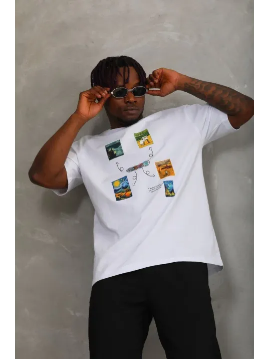 Unisex Oversize Baskılı Bisiklet Yaka T-Shirt - Beyaz Unisex Oversize Baskılı Bisiklet Yaka T-Shirt - Beyaz