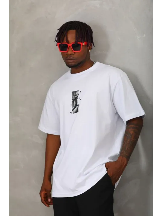 Unisex Oversize Baskılı Bisiklet Yaka T-Shirt - Beyaz Unisex Oversize Baskılı Bisiklet Yaka T-Shirt - Beyaz
