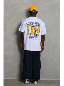 Erkek  Kısa Kol Oversize Baskılı Bisiklet Yaka T-shirt - Beyaz