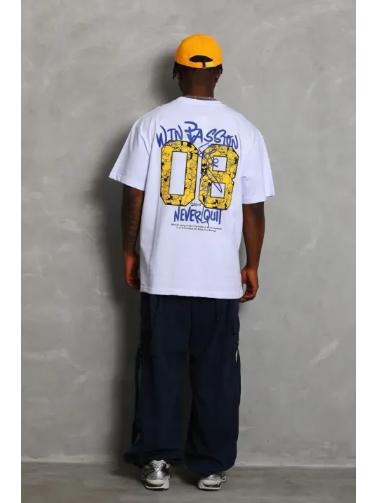 Unisex Oversize Baskılı Bisiklet Yaka T-Shirt - Beyaz Unisex Oversize Baskılı Bisiklet Yaka T-Shirt - Beyaz