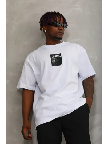 Unisex Oversize Baskılı Bisiklet Yaka T-Shirt - Beyaz Unisex Oversize Baskılı Bisiklet Yaka T-Shirt - Beyaz