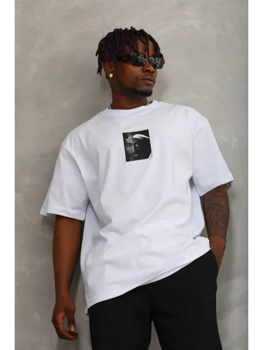 Unisex Oversize Baskılı Bisiklet Yaka T-Shirt - Beyaz Unisex Oversize Baskılı Bisiklet Yaka T-Shirt - Beyaz