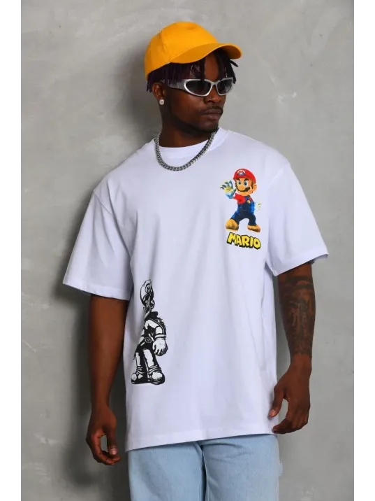 Unisex Oversize Baskılı Bisiklet Yaka T-Shirt - Beyaz Unisex Oversize Baskılı Bisiklet Yaka T-Shirt - Beyaz