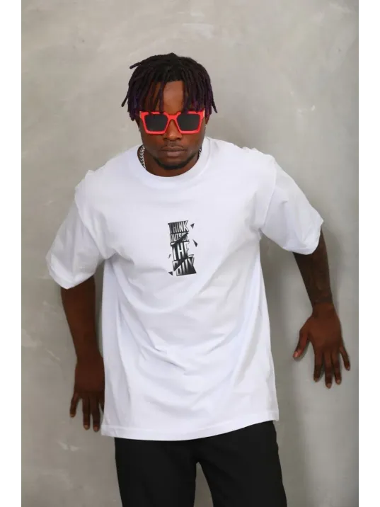 Unisex Oversize Baskılı Bisiklet Yaka T-Shirt - Beyaz Unisex Oversize Baskılı Bisiklet Yaka T-Shirt - Beyaz