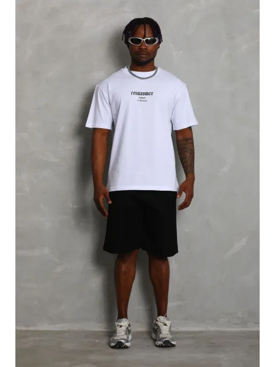 Unisex Oversize Baskılı Bisiklet Yaka T-Shirt - Beyaz Unisex Oversize Baskılı Bisiklet Yaka T-Shirt - Beyaz