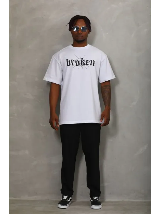 Unisex Oversize Baskılı Bisiklet Yaka T-Shirt - Beyaz Unisex Oversize Baskılı Bisiklet Yaka T-Shirt - Beyaz