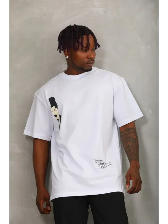 Unisex Oversize Baskılı Bisiklet Yaka T-Shirt - Beyaz Unisex Oversize Baskılı Bisiklet Yaka T-Shirt - Beyaz