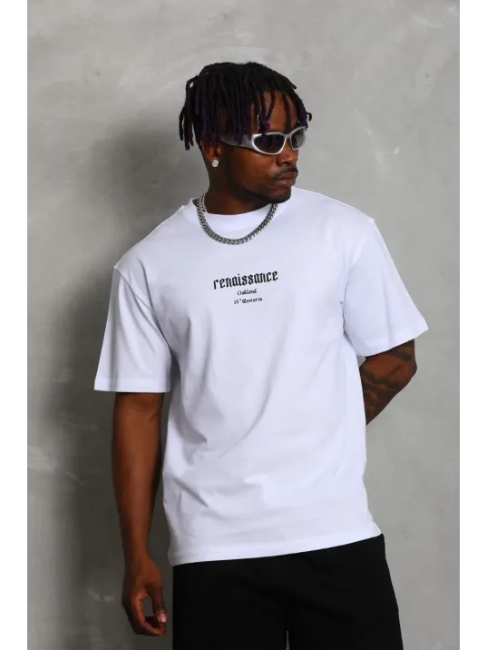 Unisex Oversize Baskılı Bisiklet Yaka T-Shirt - Beyaz Unisex Oversize Baskılı Bisiklet Yaka T-Shirt - Beyaz