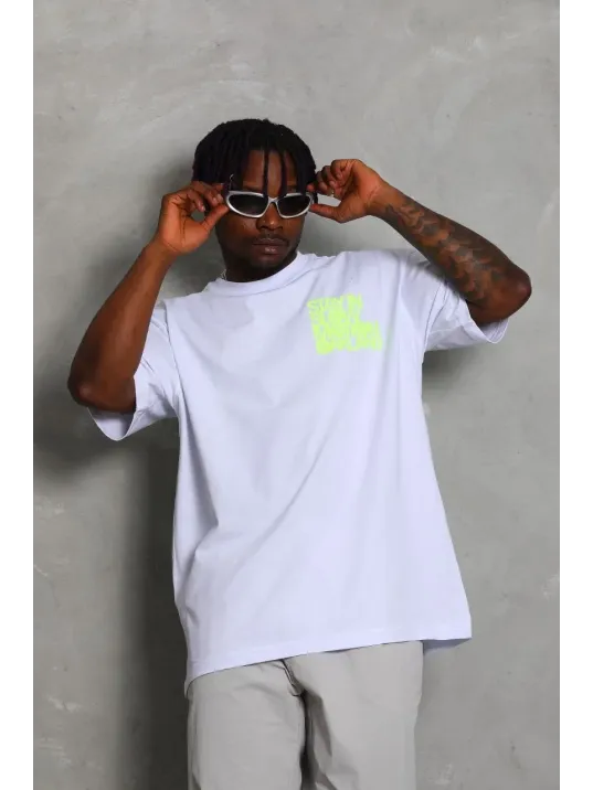 Unisex Oversize Baskılı Bisiklet Yaka T-Shirt - Beyaz Unisex Oversize Baskılı Bisiklet Yaka T-Shirt - Beyaz