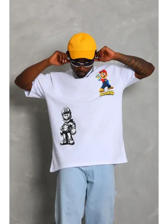 Unisex Oversize Baskılı Bisiklet Yaka T-Shirt - Beyaz Unisex Oversize Baskılı Bisiklet Yaka T-Shirt - Beyaz