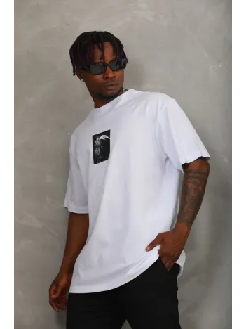 Unisex Oversize Baskılı Bisiklet Yaka T-Shirt - Beyaz