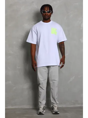 Unisex Oversize Baskılı Bisiklet Yaka T-Shirt - Beyaz