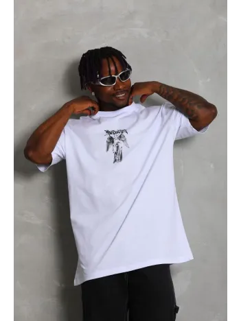 Unisex Oversize Baskılı Bisiklet Yaka T-Shirt - Beyaz Unisex Oversize Baskılı Bisiklet Yaka T-Shirt - Beyaz