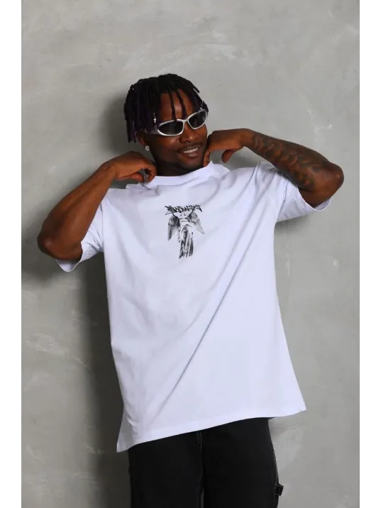 Unisex Oversize Baskılı Bisiklet Yaka T-Shirt - Beyaz Unisex Oversize Baskılı Bisiklet Yaka T-Shirt - Beyaz