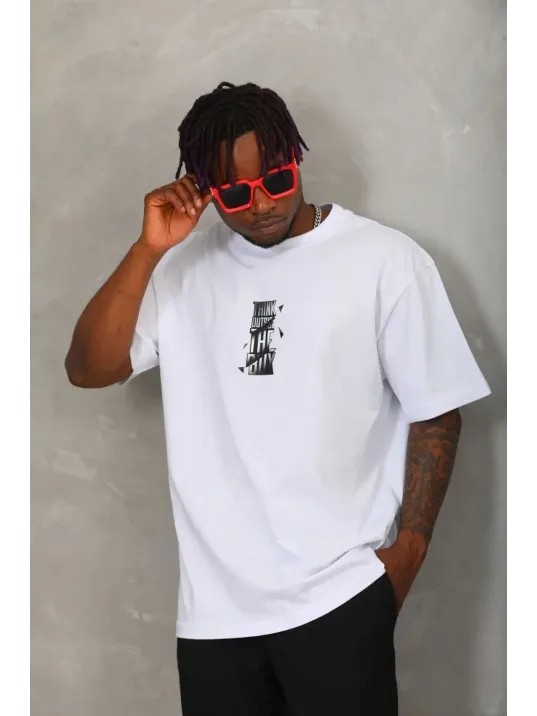 Unisex Oversize Baskılı Bisiklet Yaka T-Shirt - Beyaz Unisex Oversize Baskılı Bisiklet Yaka T-Shirt - Beyaz