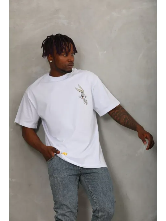 Unisex Oversize Baskılı Bisiklet Yaka T-Shirt - Beyaz Unisex Oversize Baskılı Bisiklet Yaka T-Shirt - Beyaz