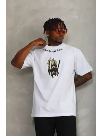 Unisex Oversize Baskılı Bisiklet Yaka T-Shirt - Beyaz