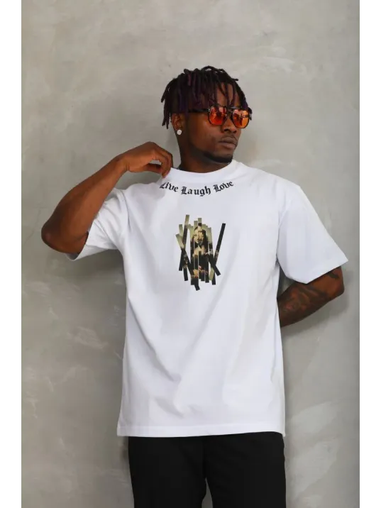 Unisex Oversize Baskılı Bisiklet Yaka T-Shirt - Beyaz Unisex Oversize Baskılı Bisiklet Yaka T-Shirt - Beyaz