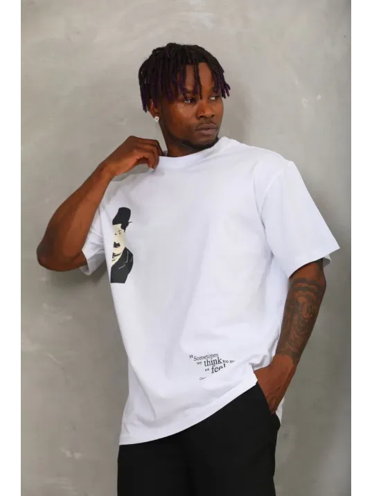 Unisex Oversize Baskılı Bisiklet Yaka T-Shirt - Beyaz Unisex Oversize Baskılı Bisiklet Yaka T-Shirt - Beyaz