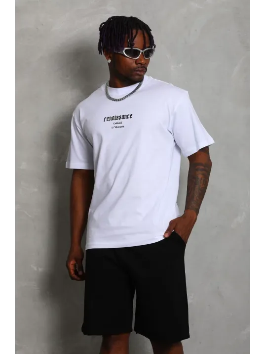 Unisex Oversize Baskılı Bisiklet Yaka T-Shirt - Beyaz Unisex Oversize Baskılı Bisiklet Yaka T-Shirt - Beyaz