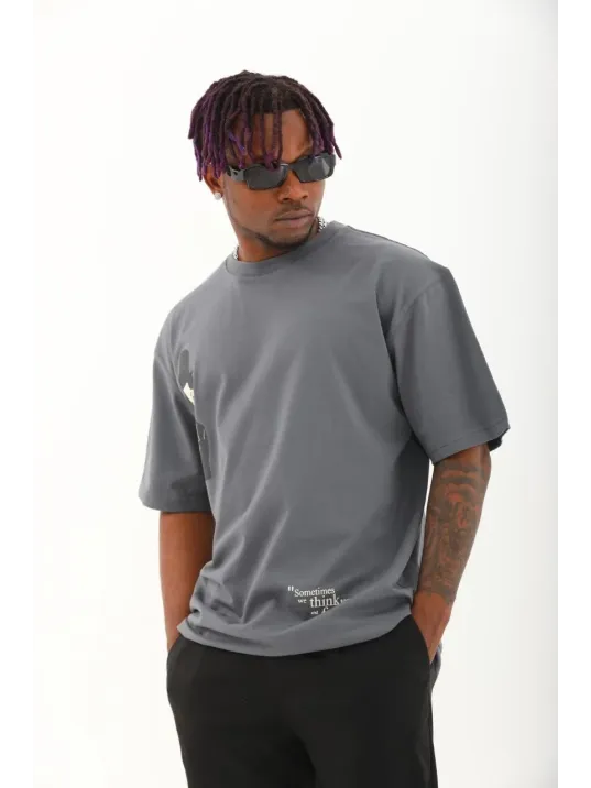 Unisex Oversize Baskılı Bisiklet Yaka T-Shirt - Füme Unisex Oversize Baskılı Bisiklet Yaka T-Shirt - Füme